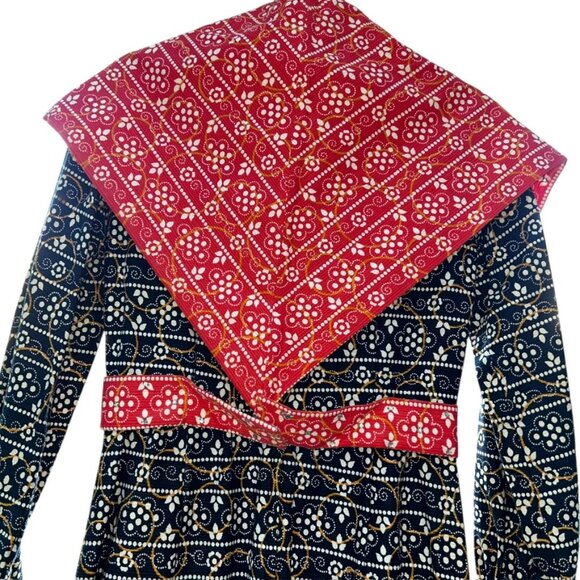 Vintage 1970s Maxi Dress blue red Handkercheif print with triangle scarf 8 - Picture 7 of 8